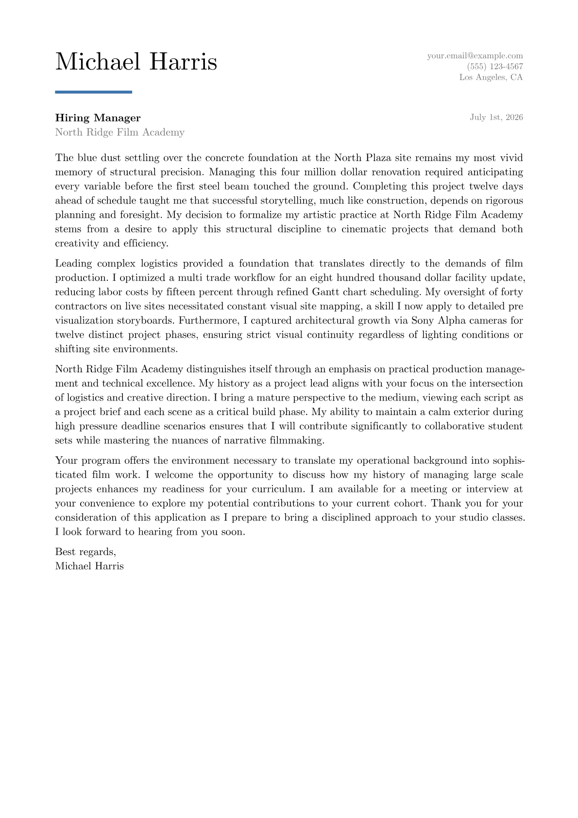 Film Student cover letter in the Executive design