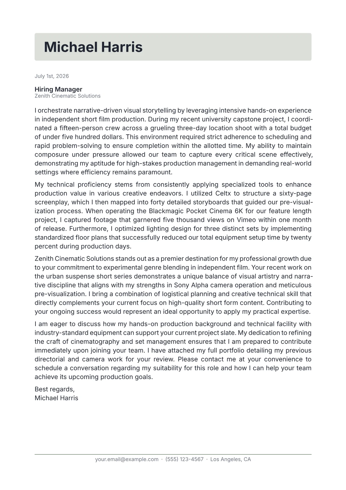 Film Student cover letter in the Letterhead design