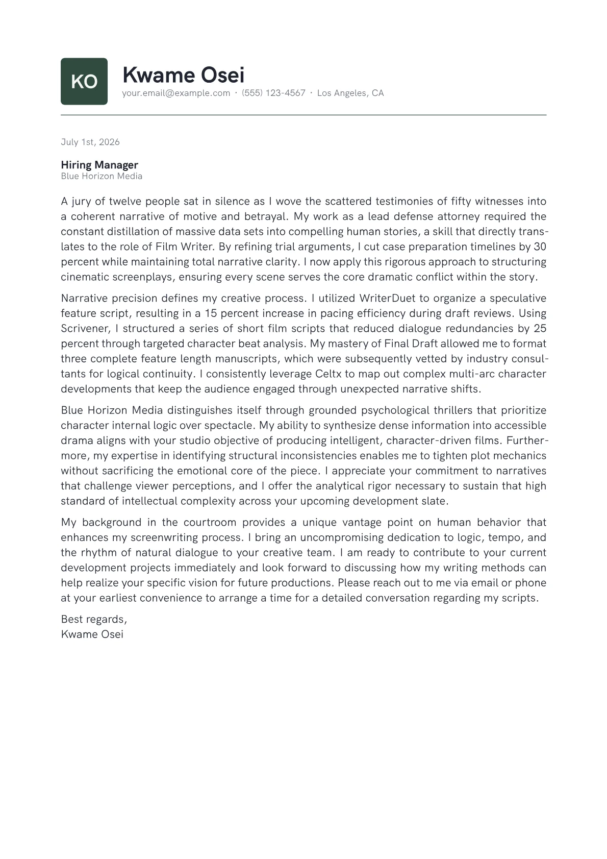 Film Writer cover letter in the Emblem design