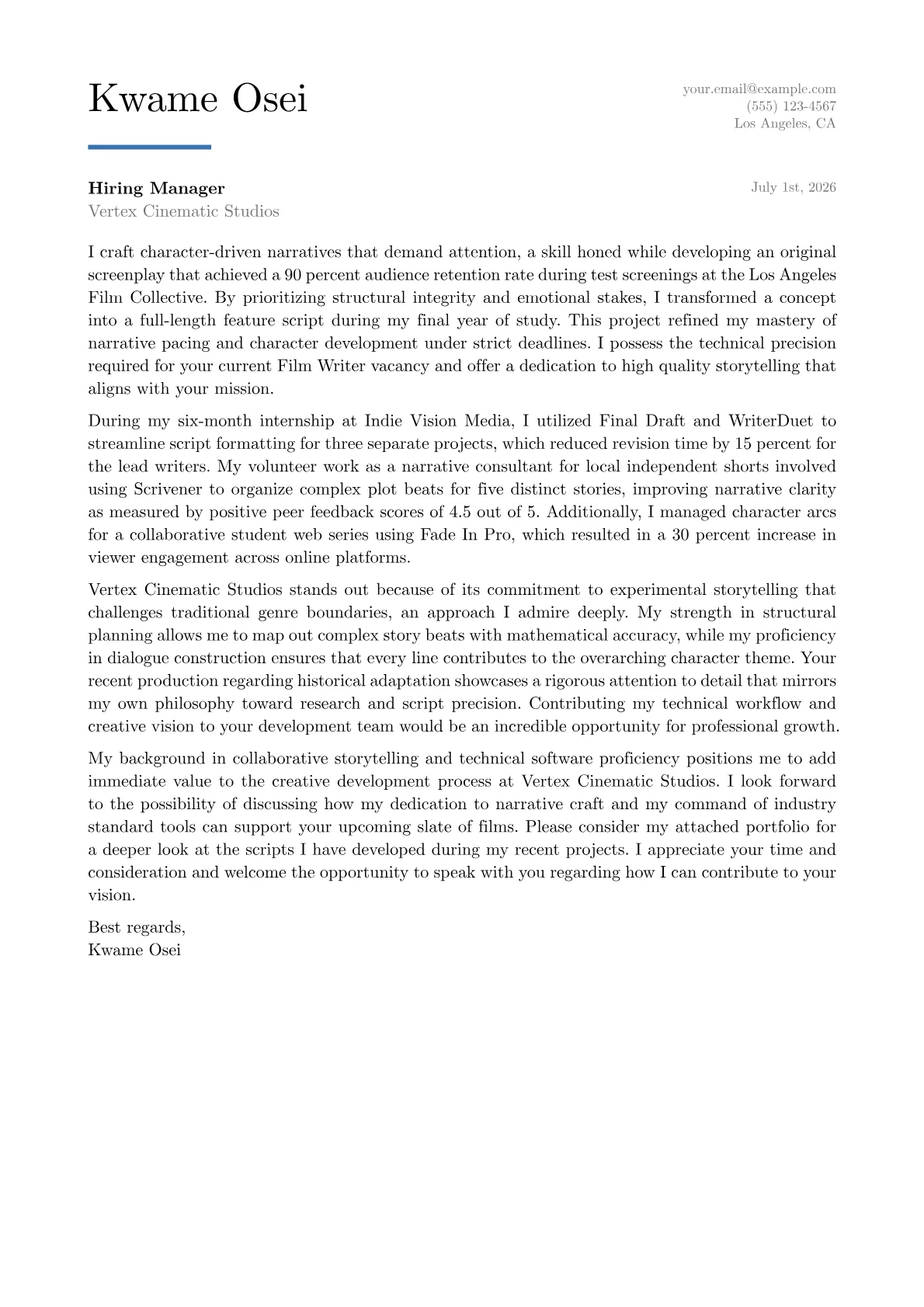 Film Writer cover letter in the Executive design