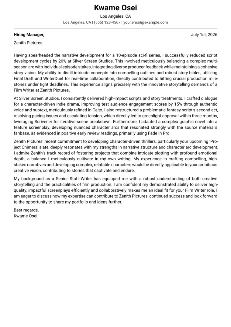 Film Writer cover letter example