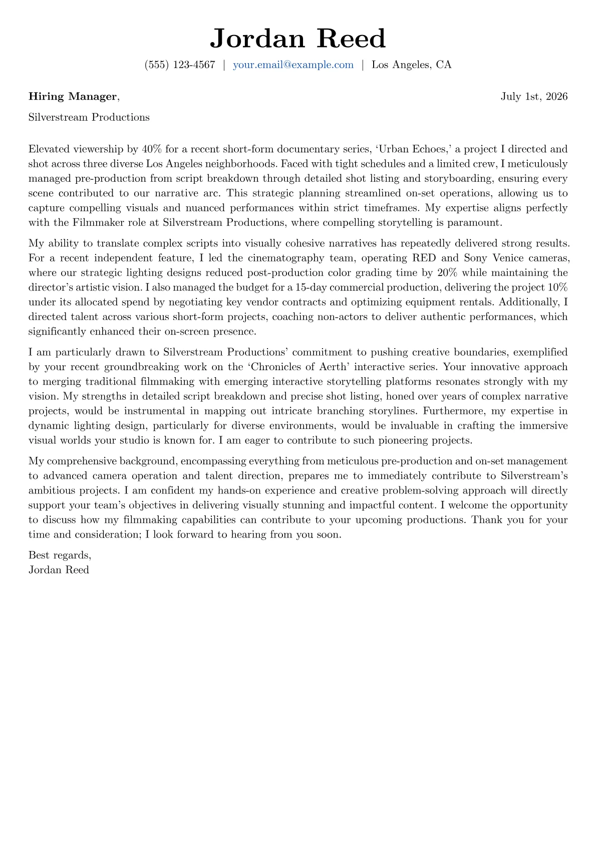 Filmmaker cover letter formatted with a JobSprout template