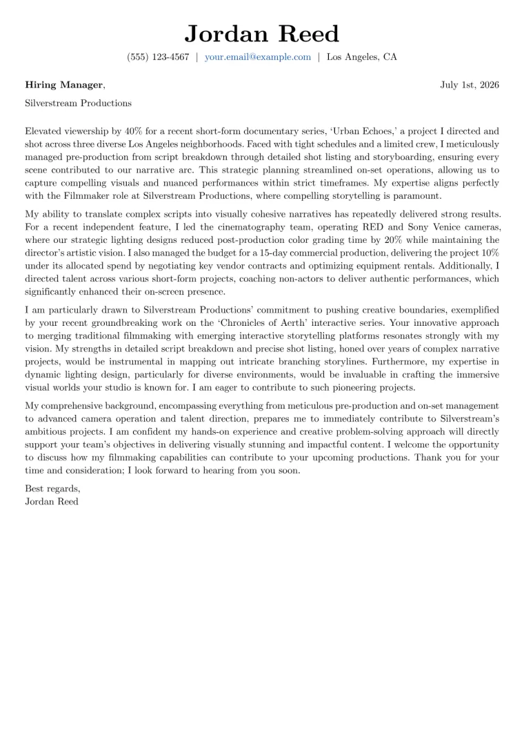 Filmmaker Cover Letter Example
