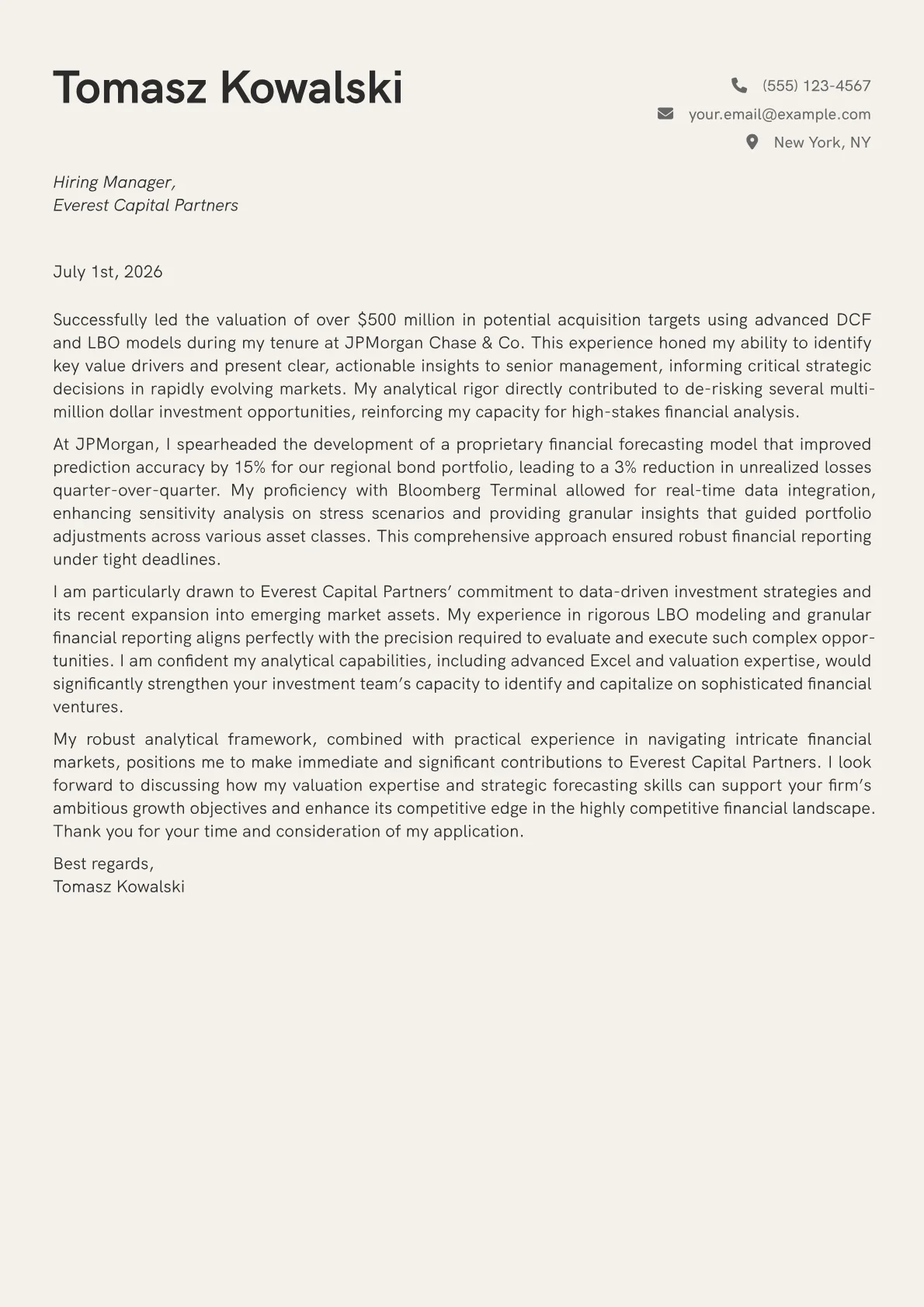 Finance cover letter formatted with a JobSprout template
