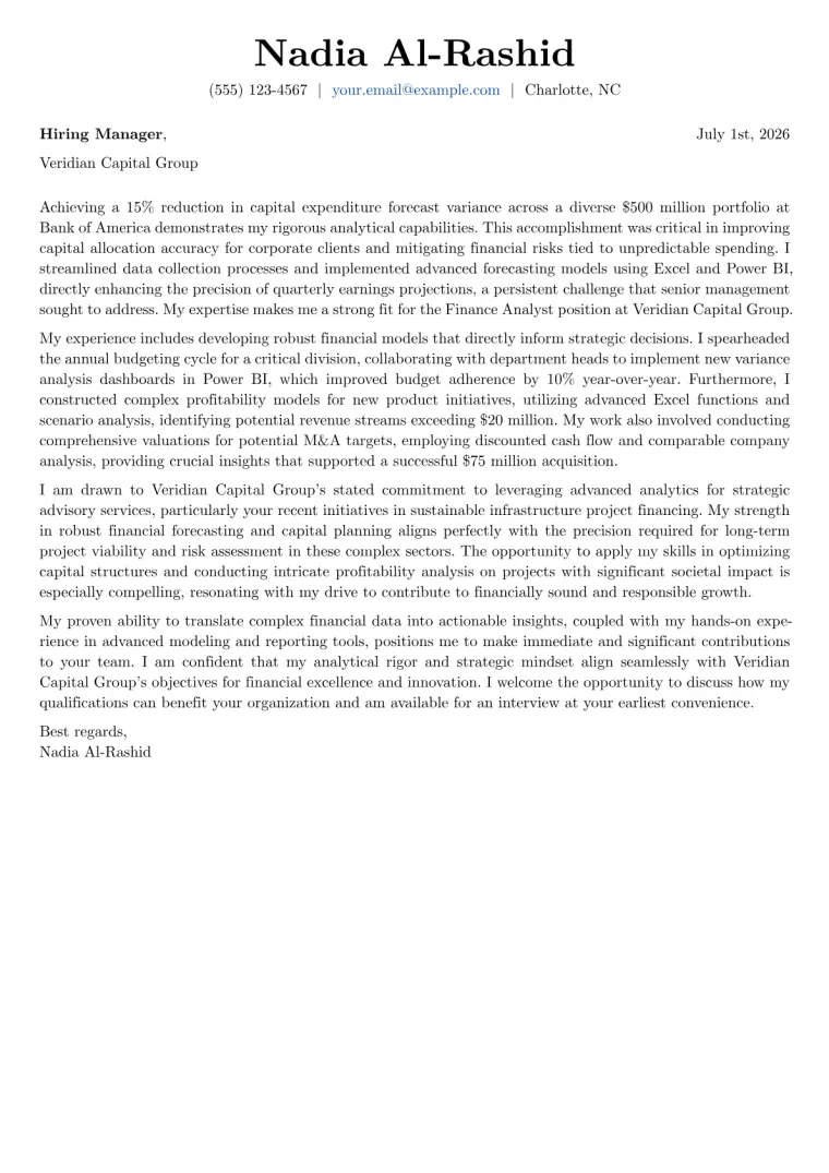 Finance Analyst cover letter example