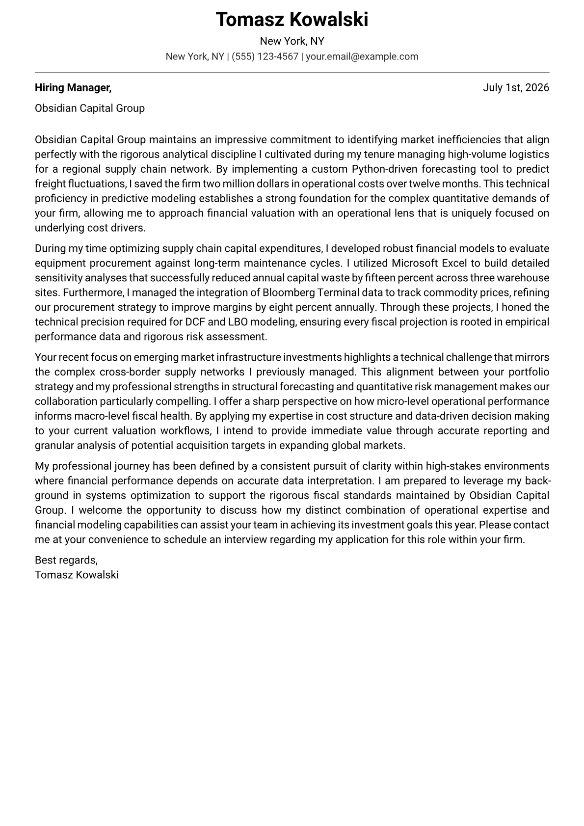 Finance cover letter in the Modern design