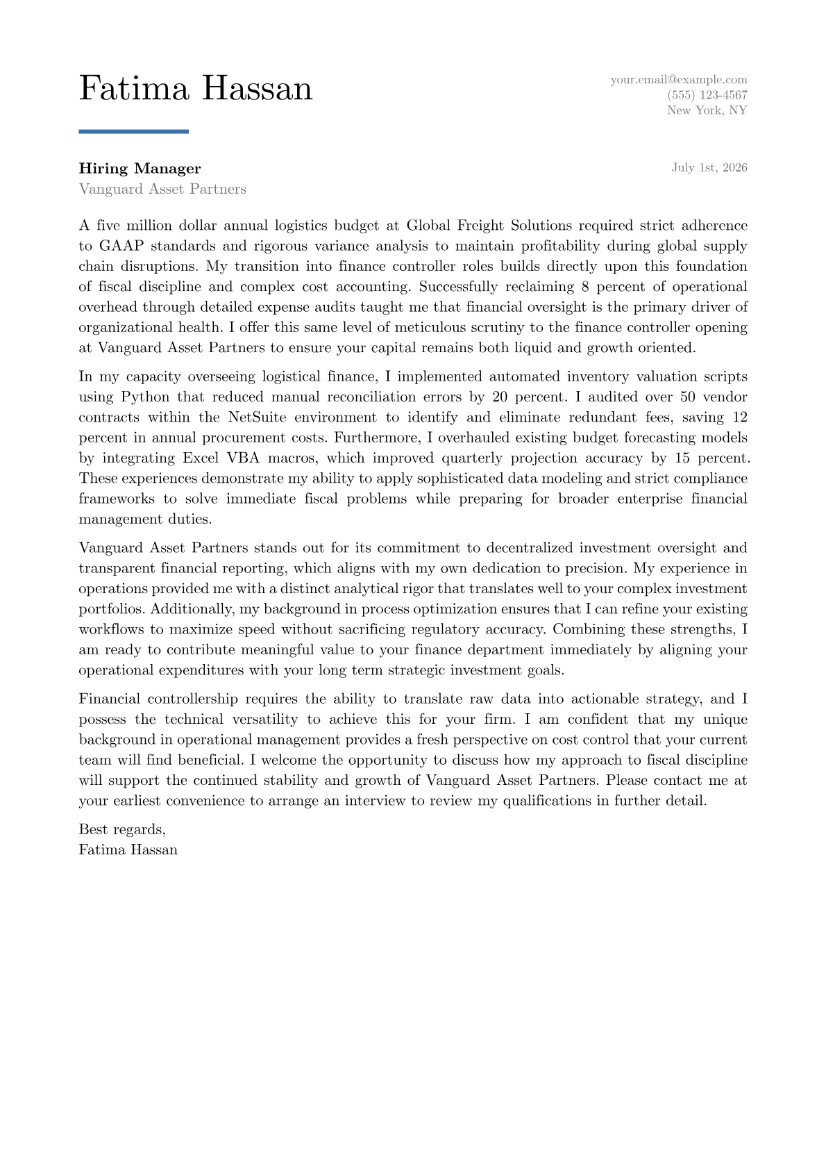 Finance Controller cover letter in the Executive design