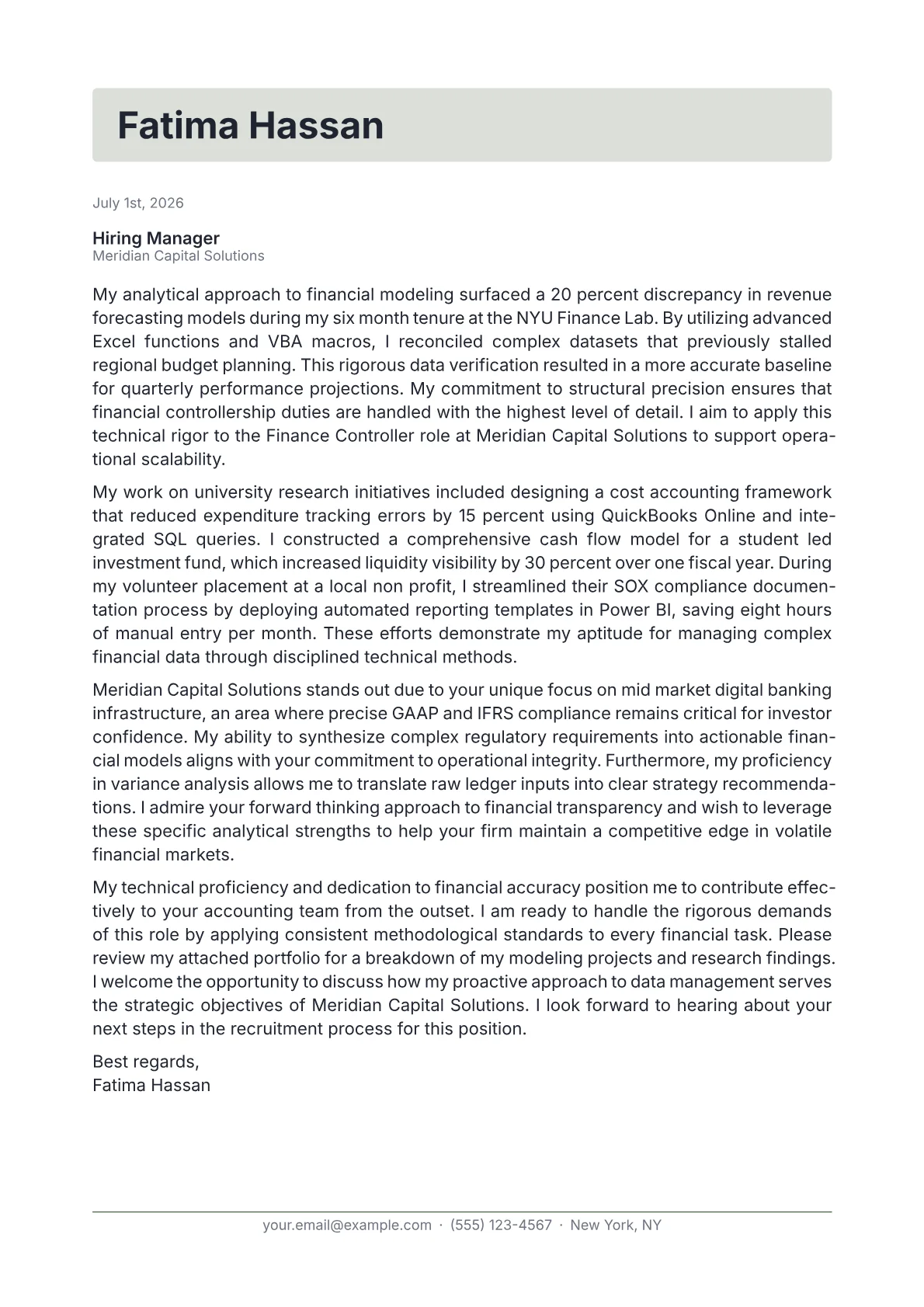 Finance Controller cover letter in the Letterhead design
