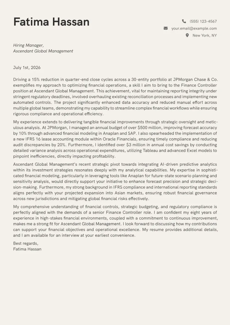 Finance Controller Cover Letter Example