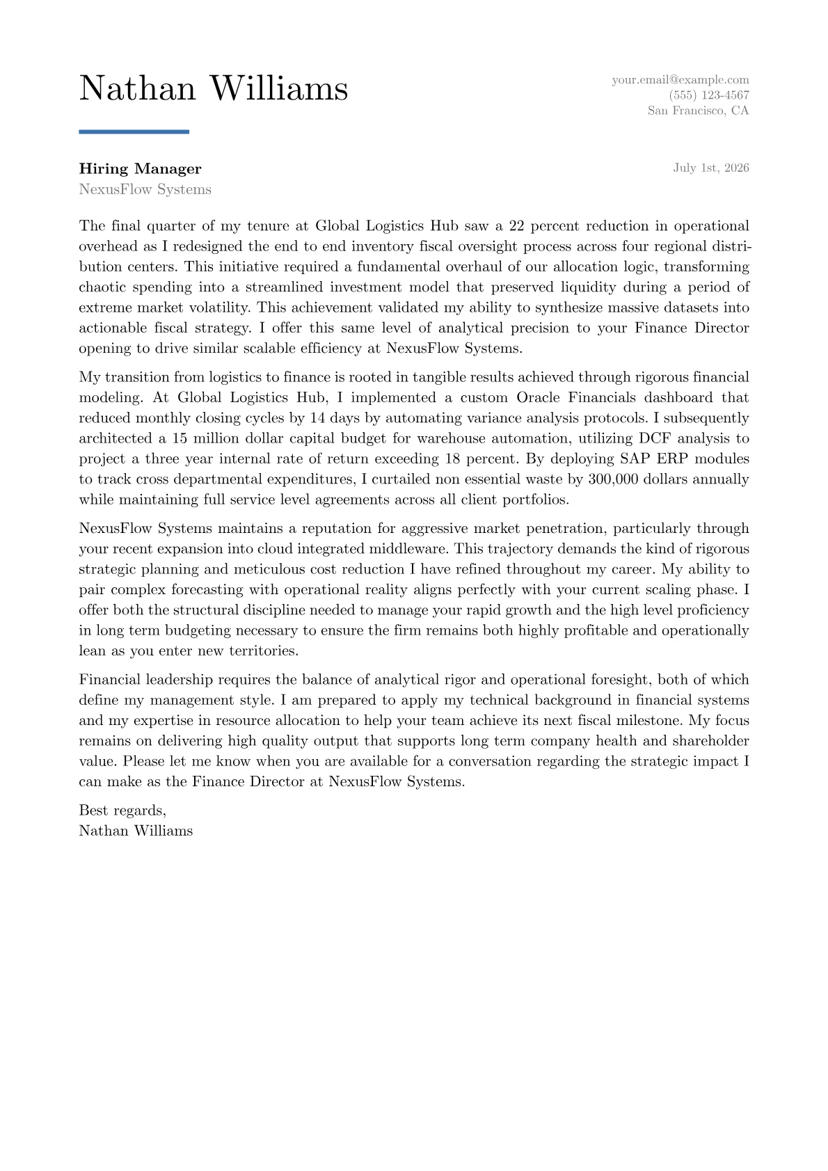 Finance Director cover letter in the Executive design