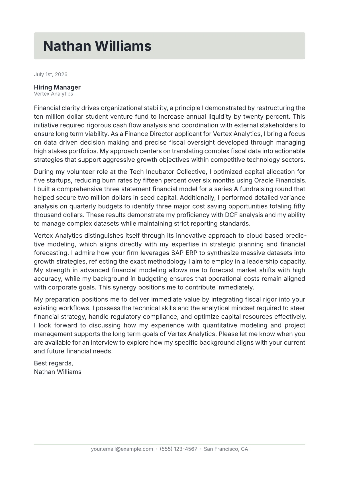 Finance Director cover letter in the Letterhead design