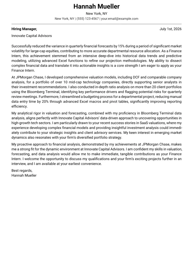 Finance Intern Cover Letter Example