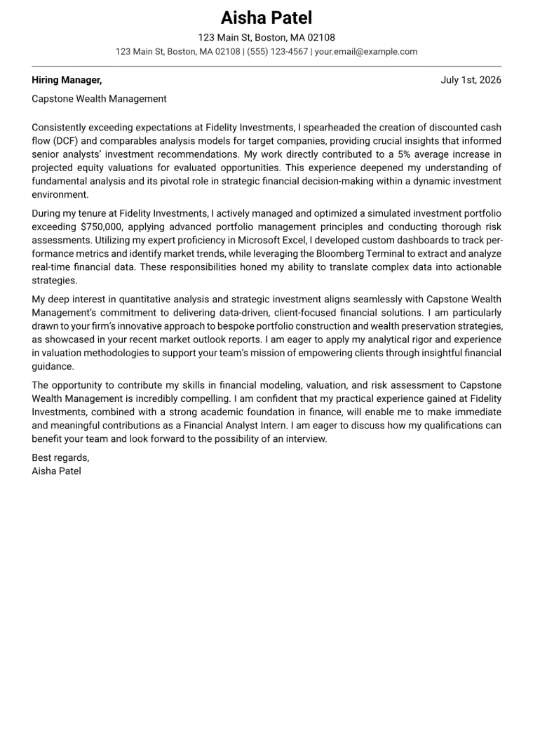 Finance Major Cover Letter Example