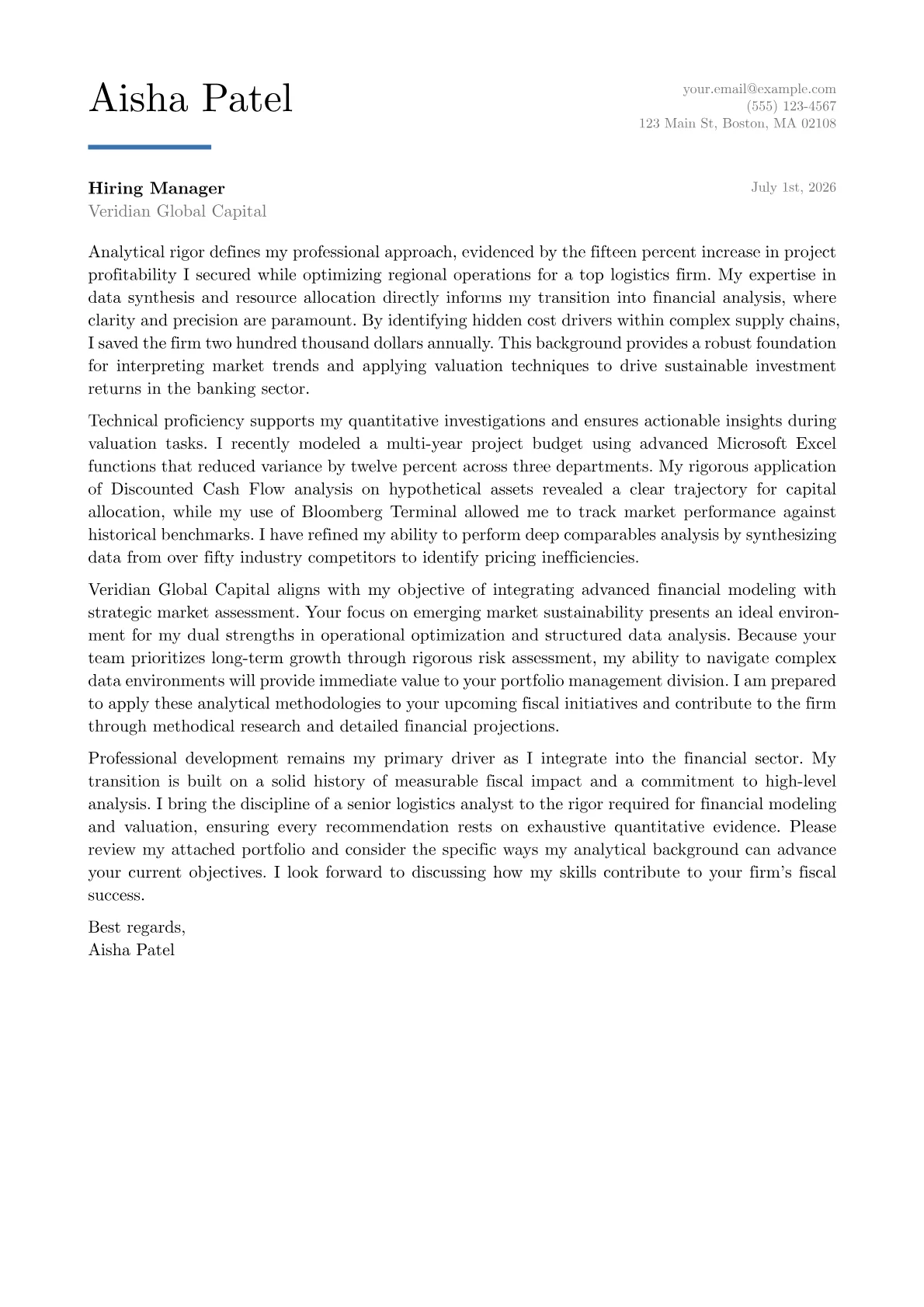 Finance Major cover letter in the Executive design