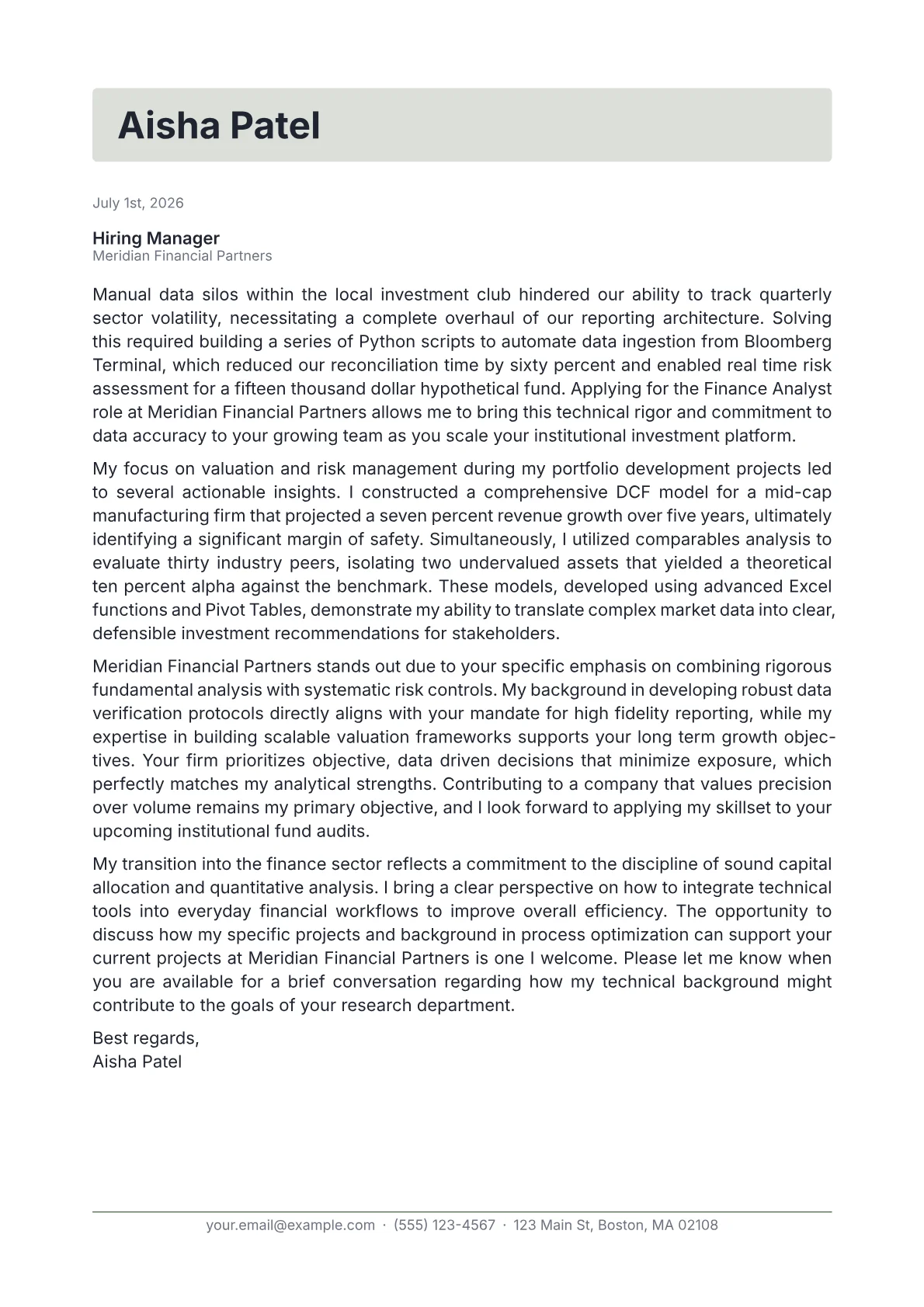 Finance Major cover letter in the Letterhead design
