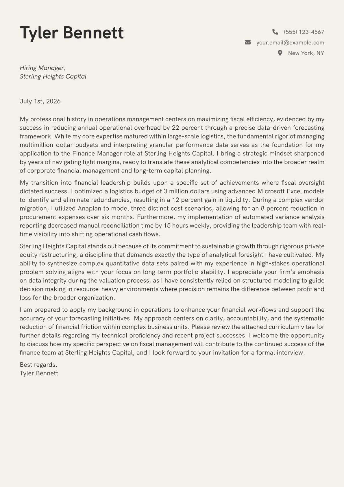 Finance Manager cover letter formatted with a JobSprout template