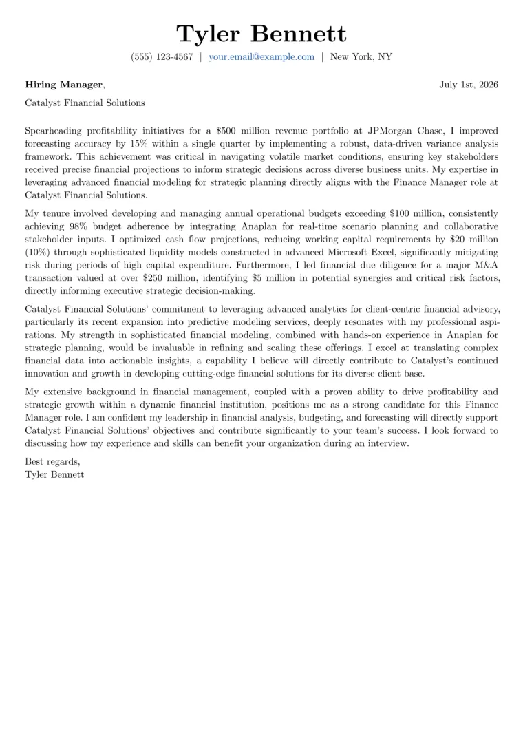 Finance Manager Cover Letter Example
