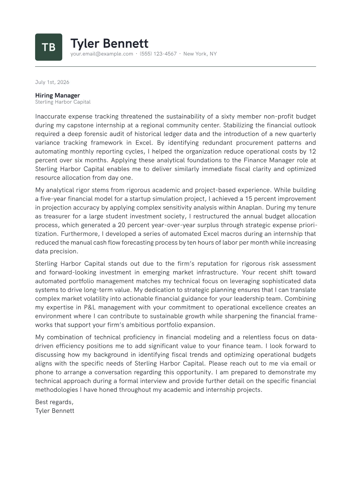 Finance Manager cover letter formatted with a JobSprout template