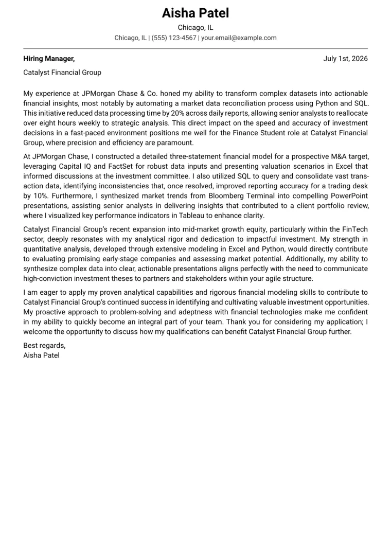 Finance Student cover letter example preview