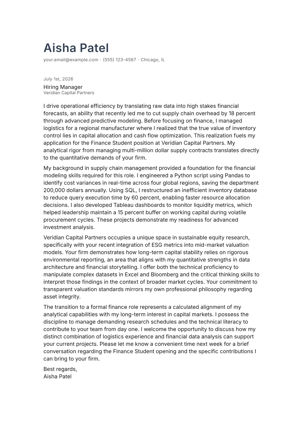 Finance Student cover letter in the Minimal design
