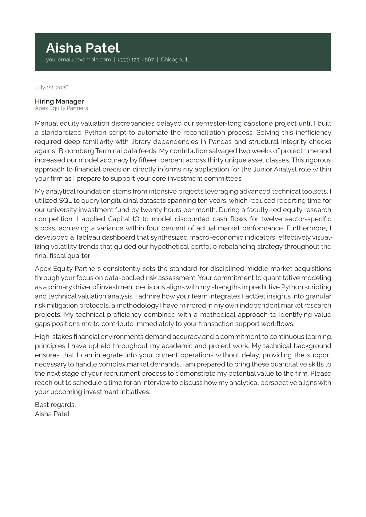 Finance Student cover letter in the Banner design