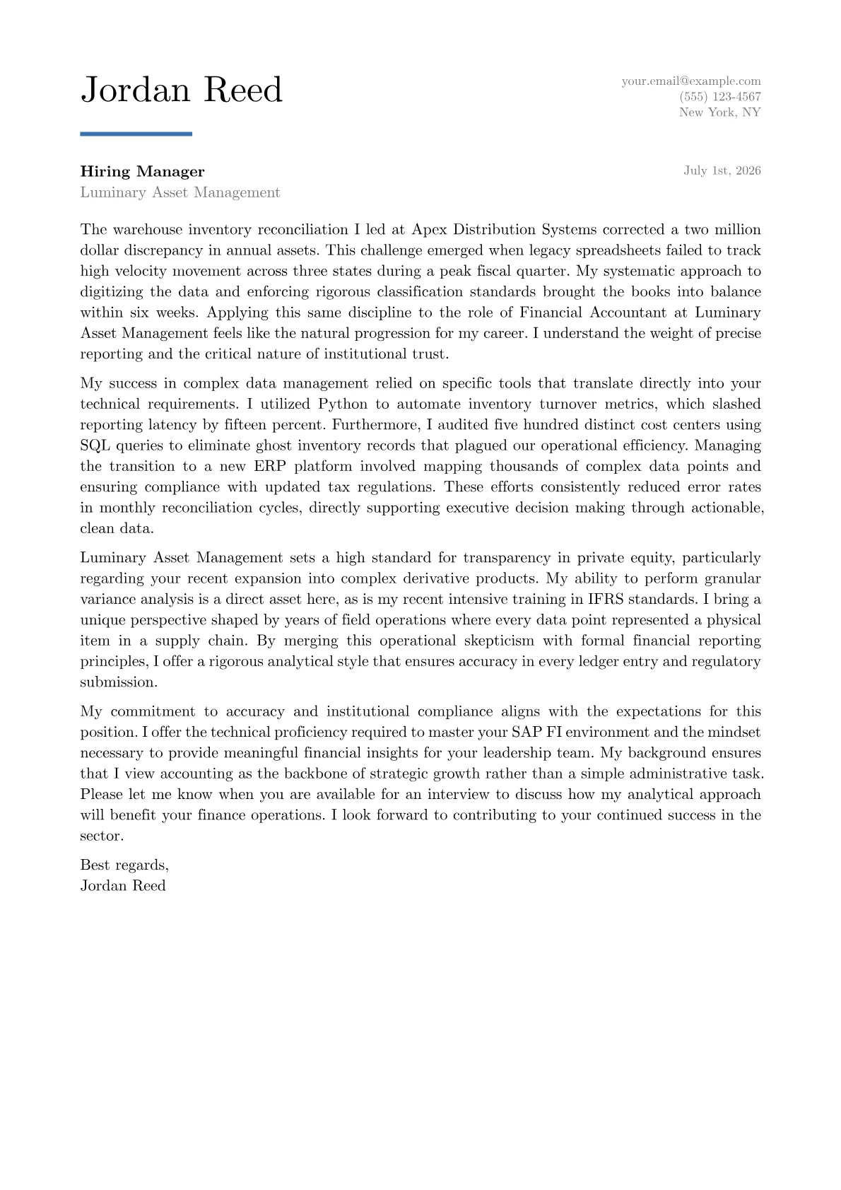 Financial Accountant cover letter in the Executive design