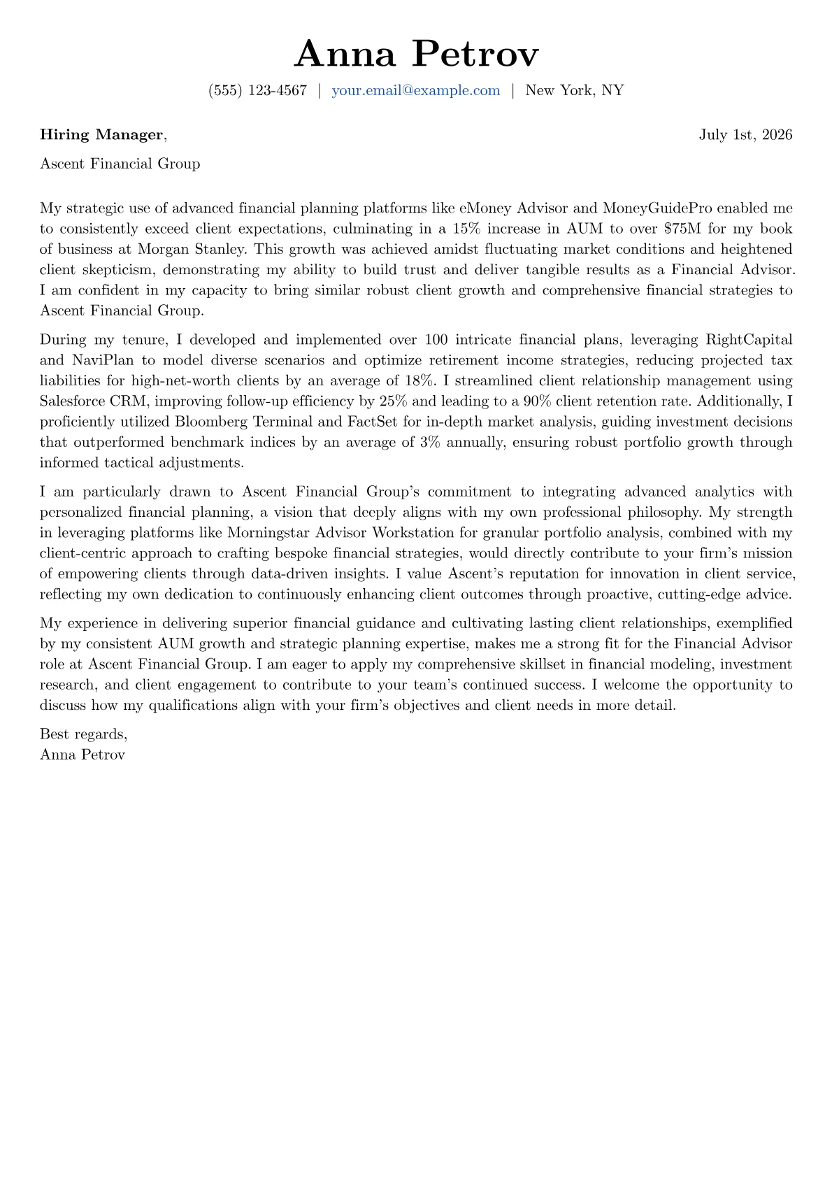 Financial Advisor cover letter formatted with a JobSprout template