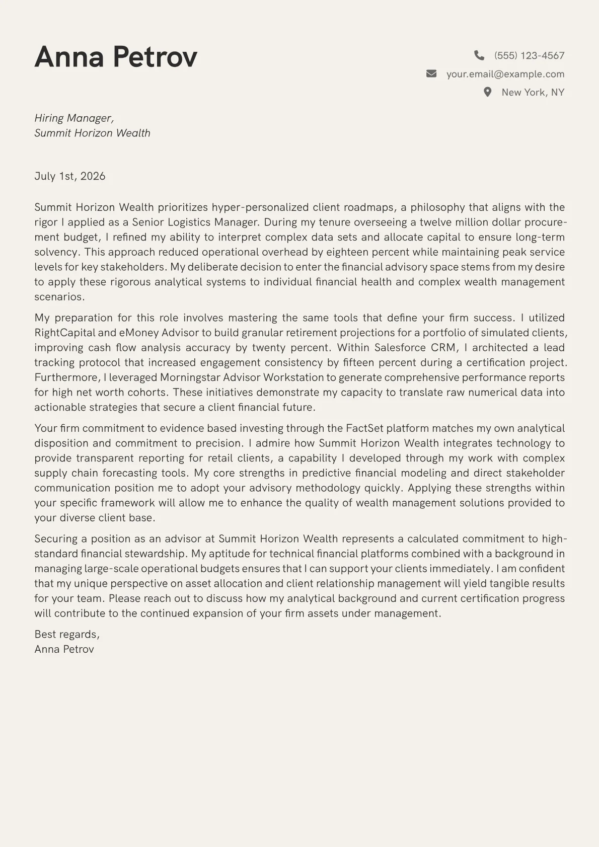 Financial Advisor cover letter in the Creative design