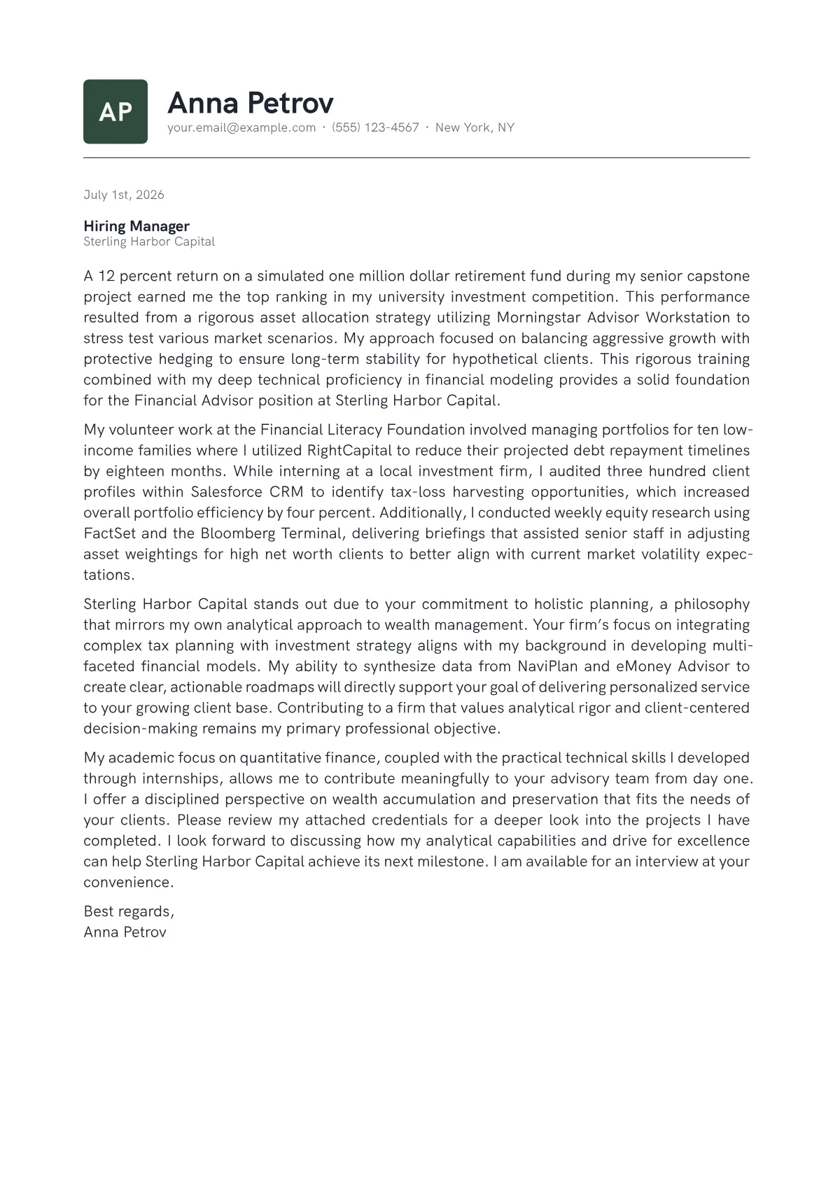 Financial Advisor cover letter in the Emblem design