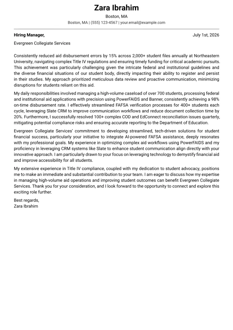 Financial Aid Advisor Cover Letter Example