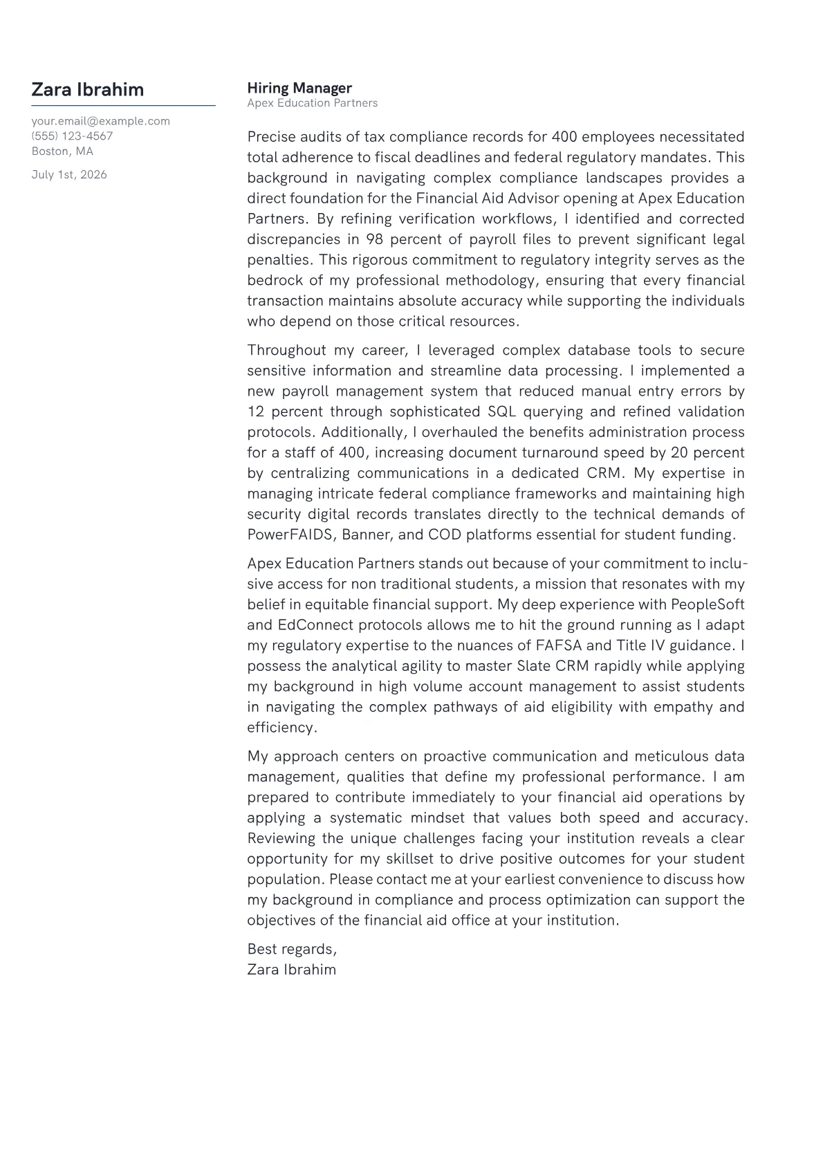 Financial Aid Advisor cover letter in the Margin design