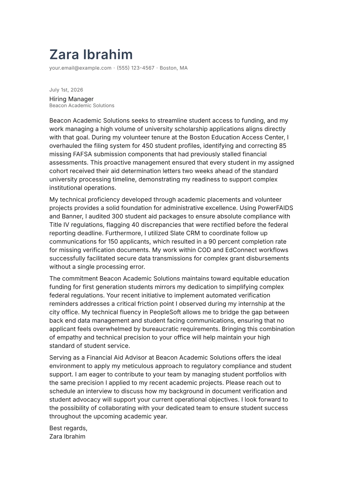Financial Aid Advisor cover letter in the Minimal design
