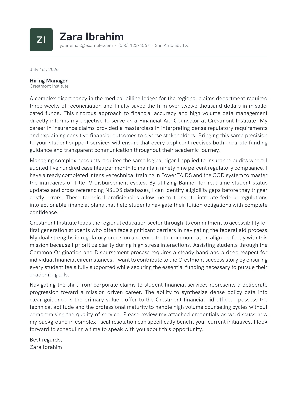 Financial Aid Counselor cover letter in the Emblem design