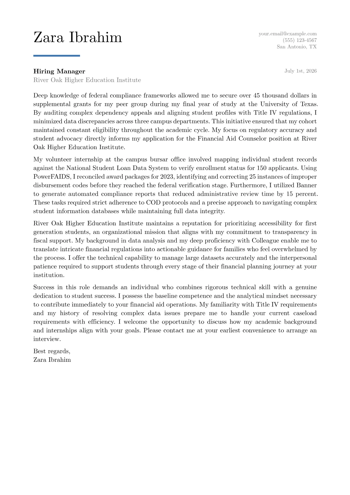 Financial Aid Counselor cover letter in the Executive design