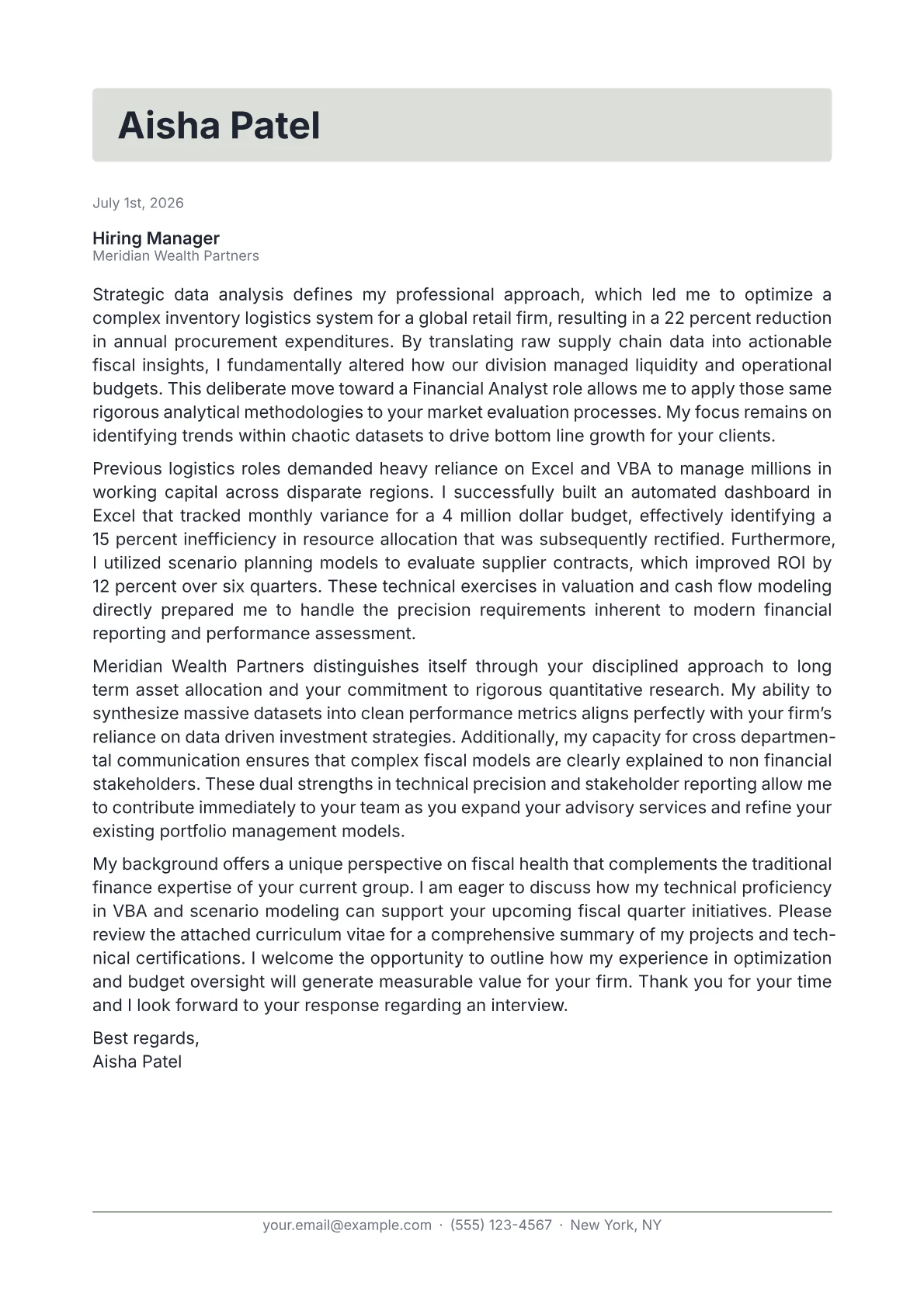 Financial Analyst cover letter in the Letterhead design