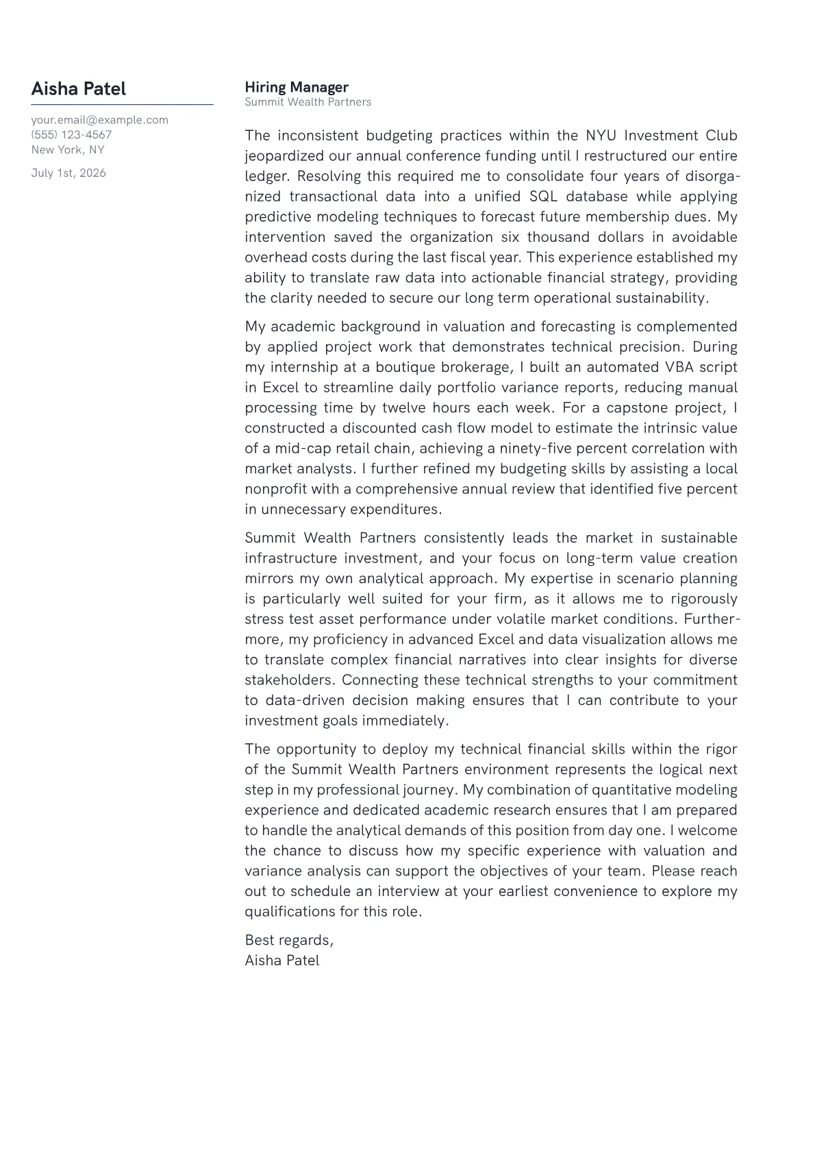 Financial Analyst cover letter in the Margin design