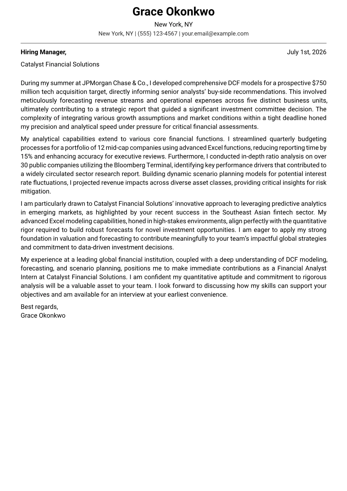 Financial Analyst Intern cover letter formatted with a JobSprout template