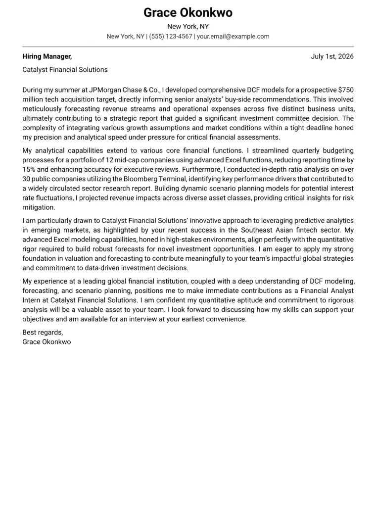 Financial Analyst Intern cover letter example preview