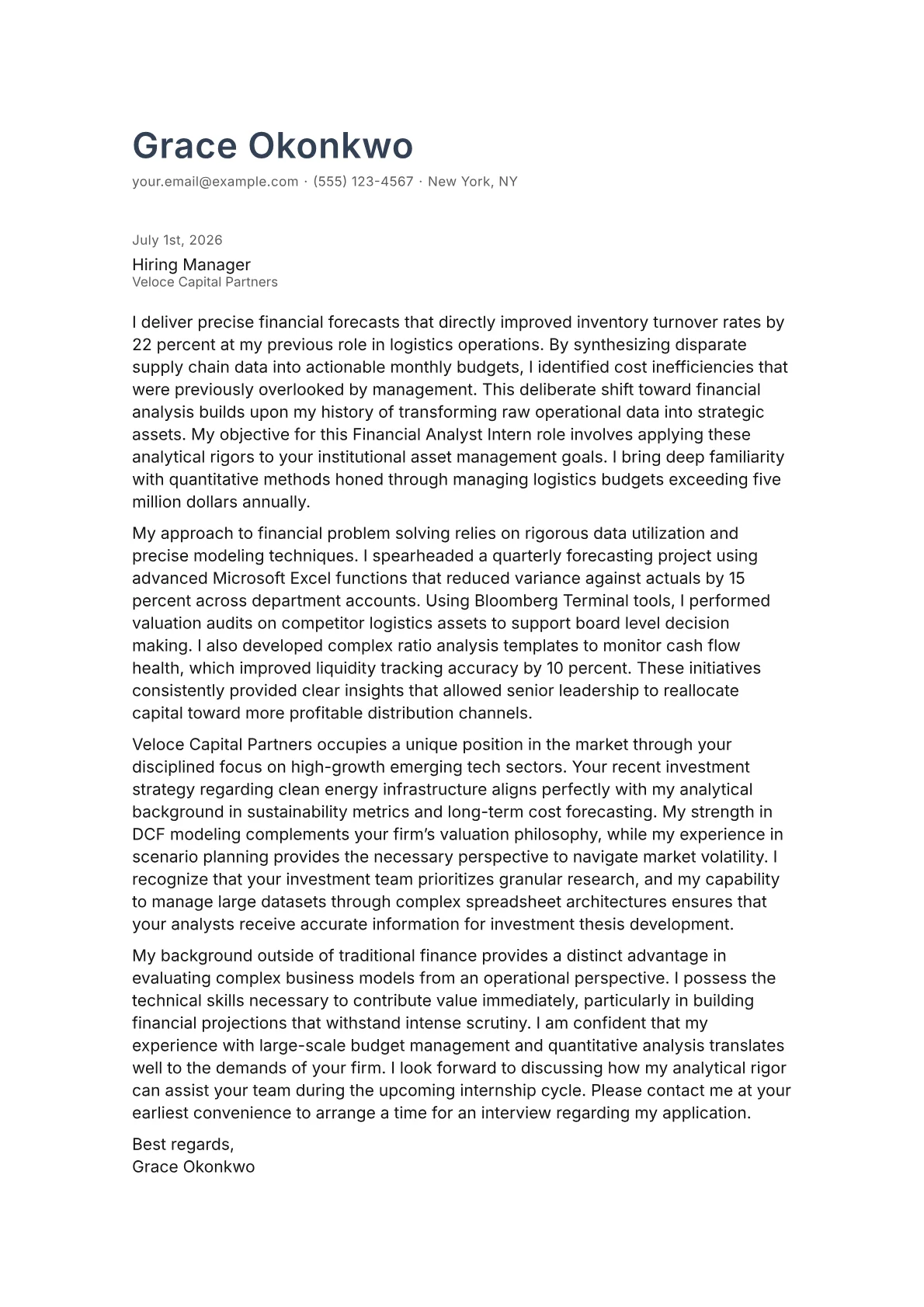 Financial Analyst Intern cover letter in the Minimal design