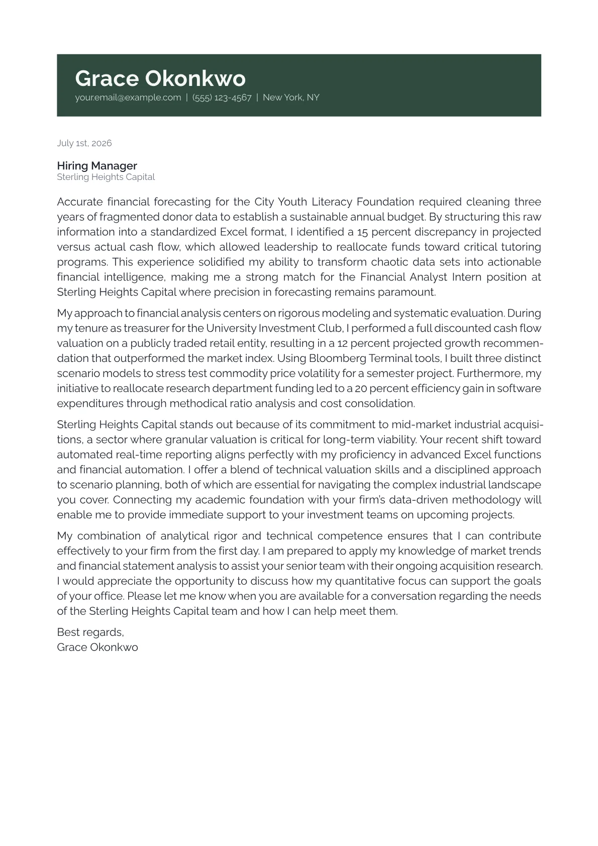 Financial Analyst Intern cover letter in the Banner design