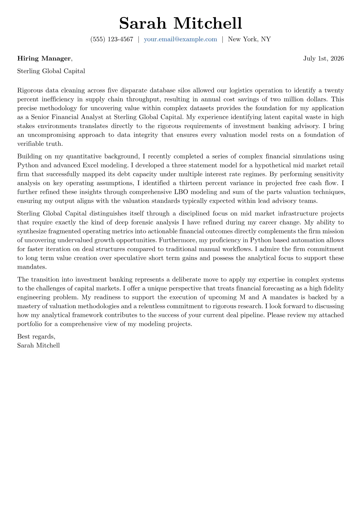 Senior Financial Analyst - Investment Banking cover letter in the Basic design