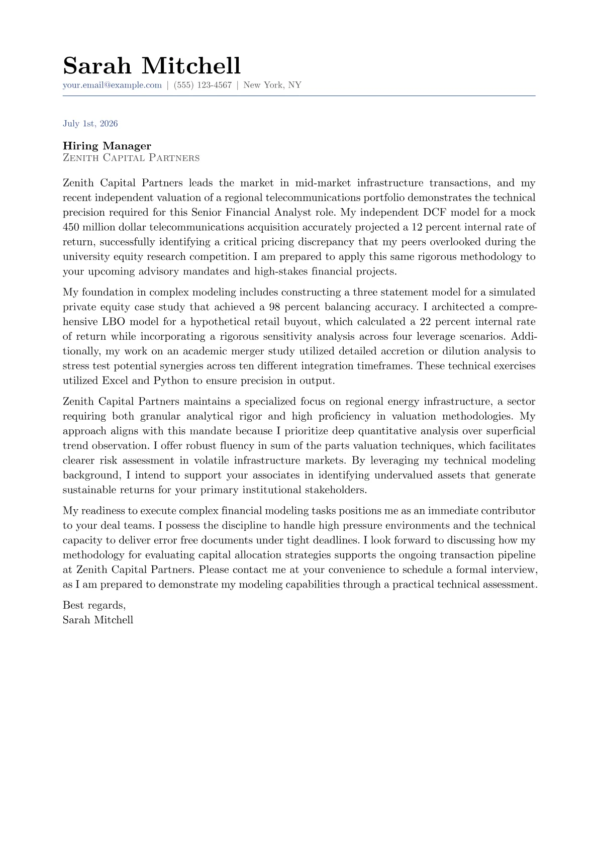 Senior Financial Analyst - Investment Banking cover letter in the Classic design