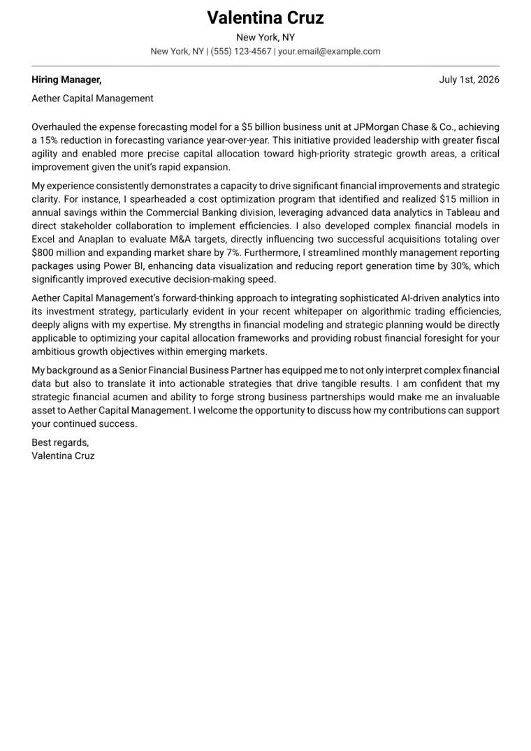 Financial Business Partner cover letter example preview