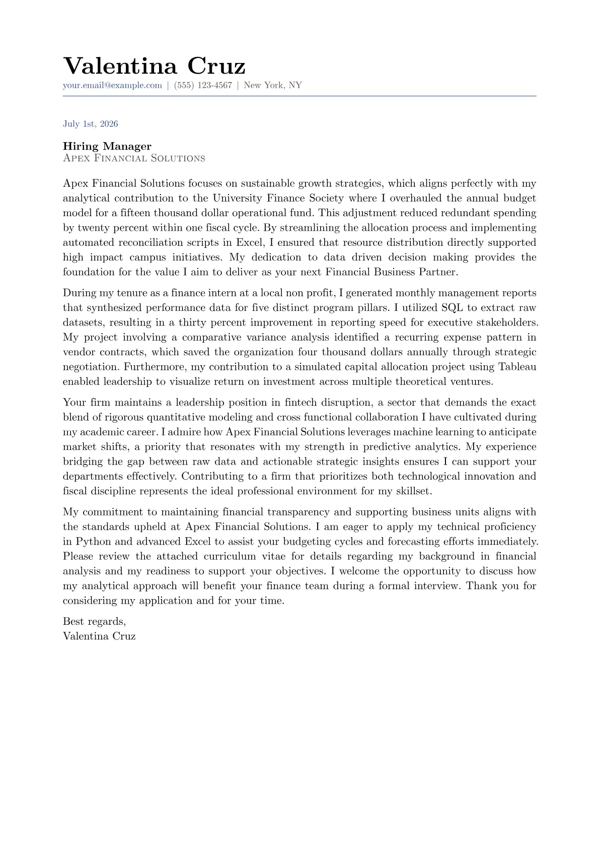 Financial Business Partner cover letter in the Classic design