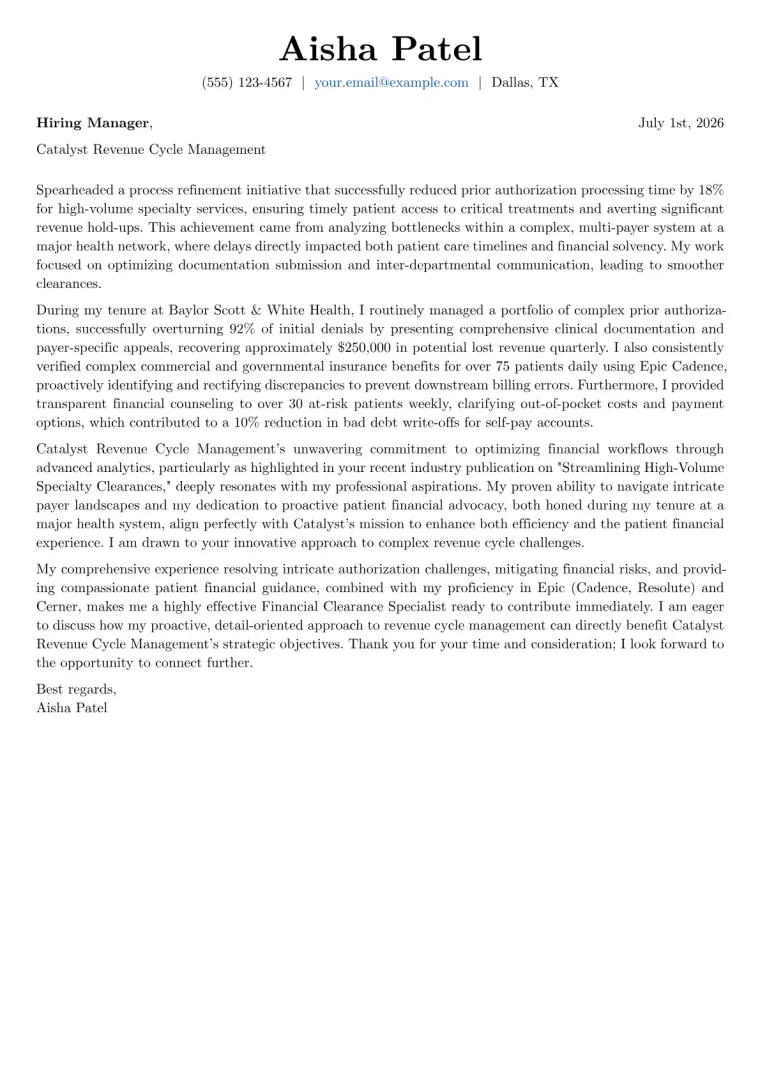 Financial Clearance Specialist Cover Letter Example