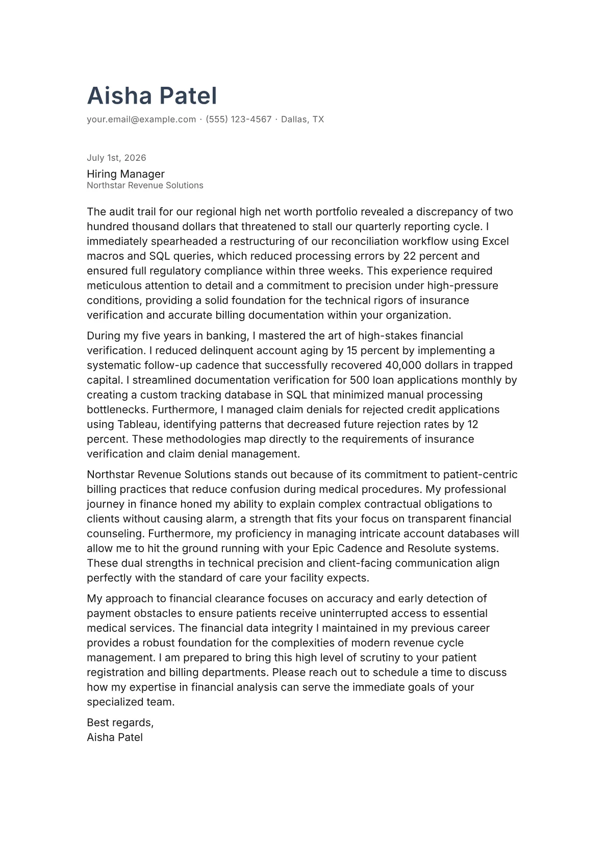 Financial Clearance Specialist cover letter in the Minimal design