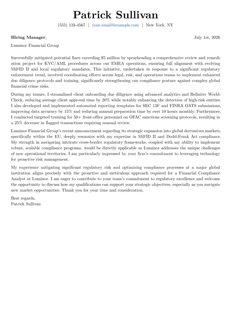 Financial Compliance Analyst cover letter example preview