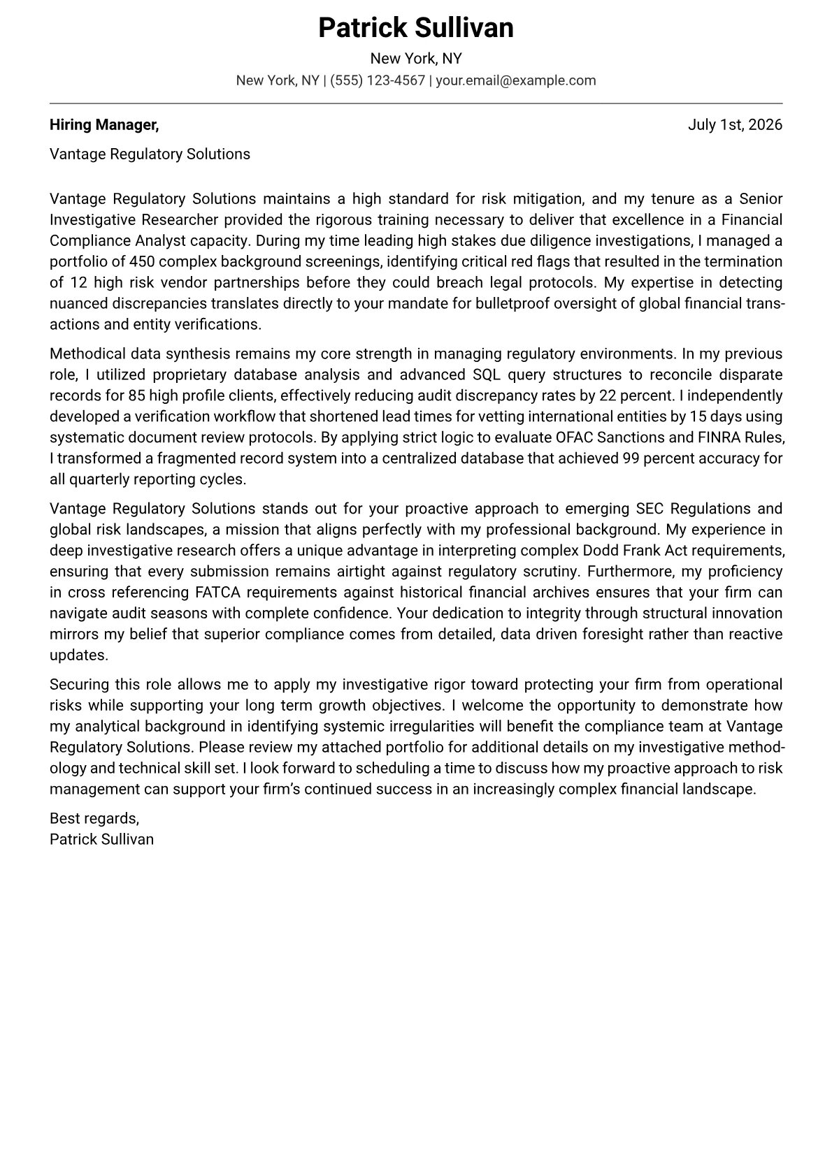 Financial Compliance Analyst cover letter in the Modern design