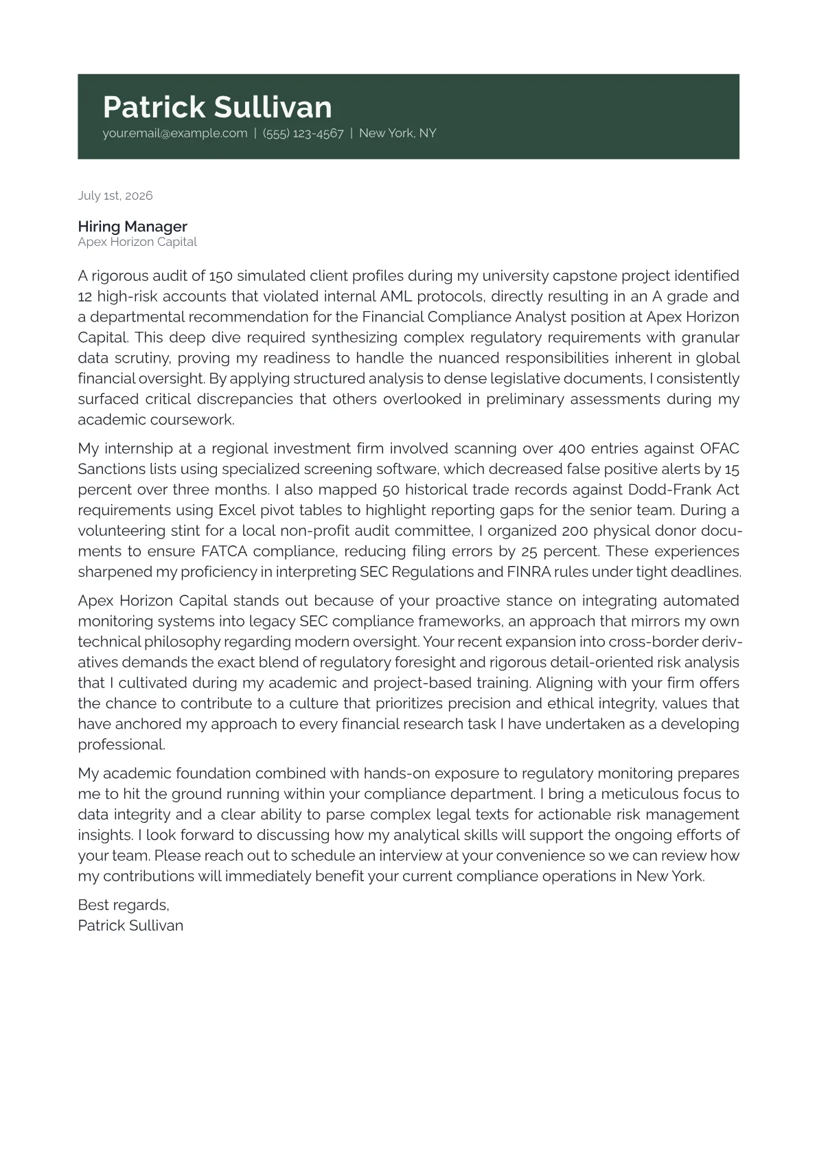 Financial Compliance Analyst cover letter in the Banner design