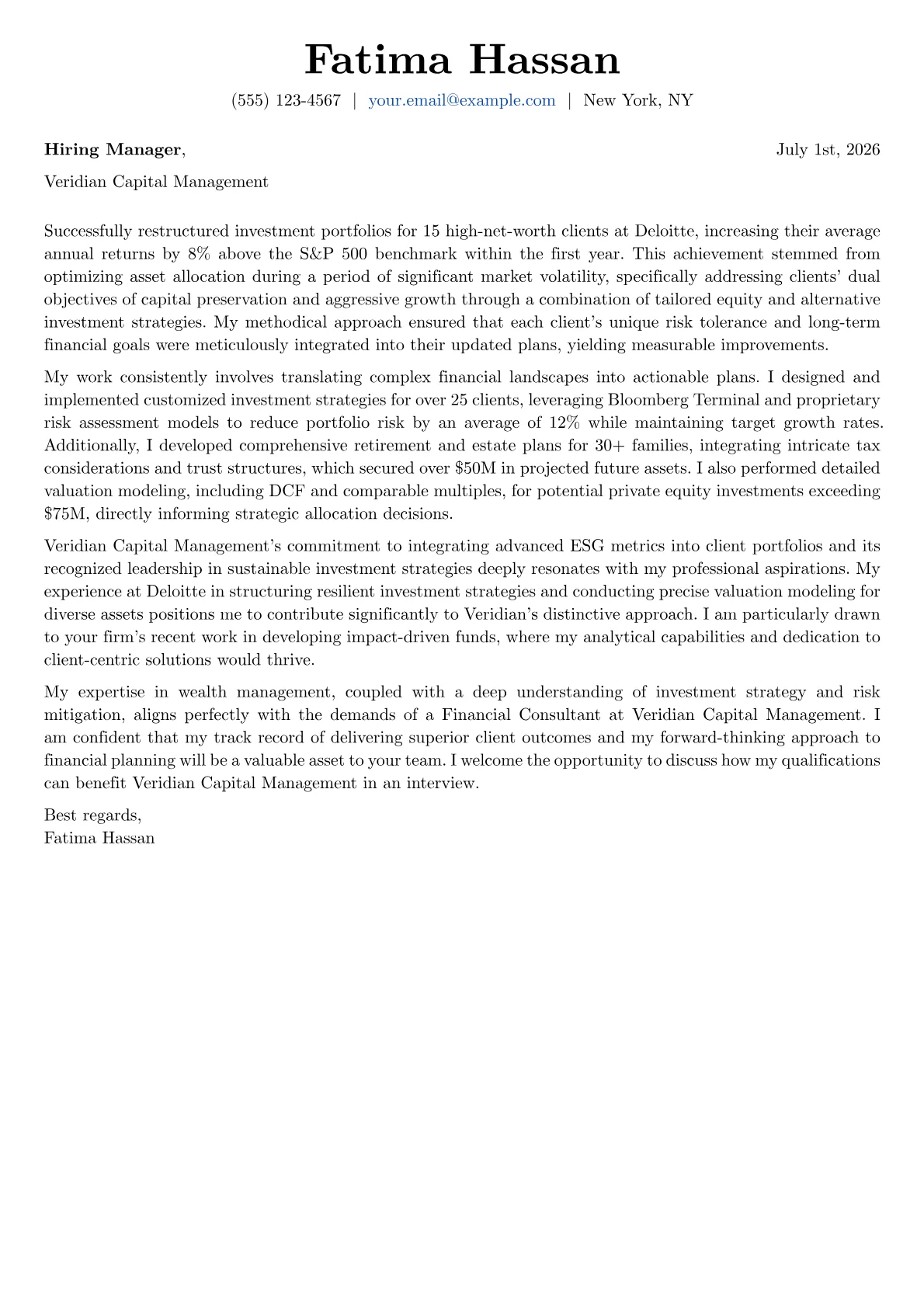 Financial Consultant cover letter formatted with a JobSprout template